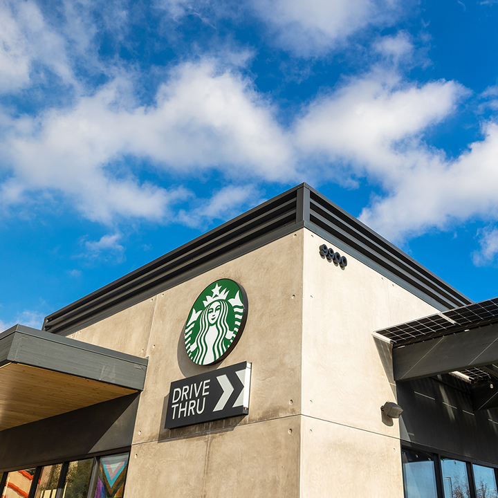Charcoal colored 3 inch ribbed RoofScreen paneling on California Starbucks